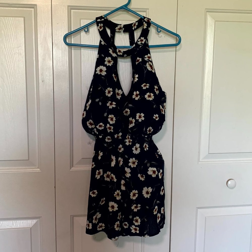 NWT Ladies Keyhole Romper- High neck- Navy with Flowers